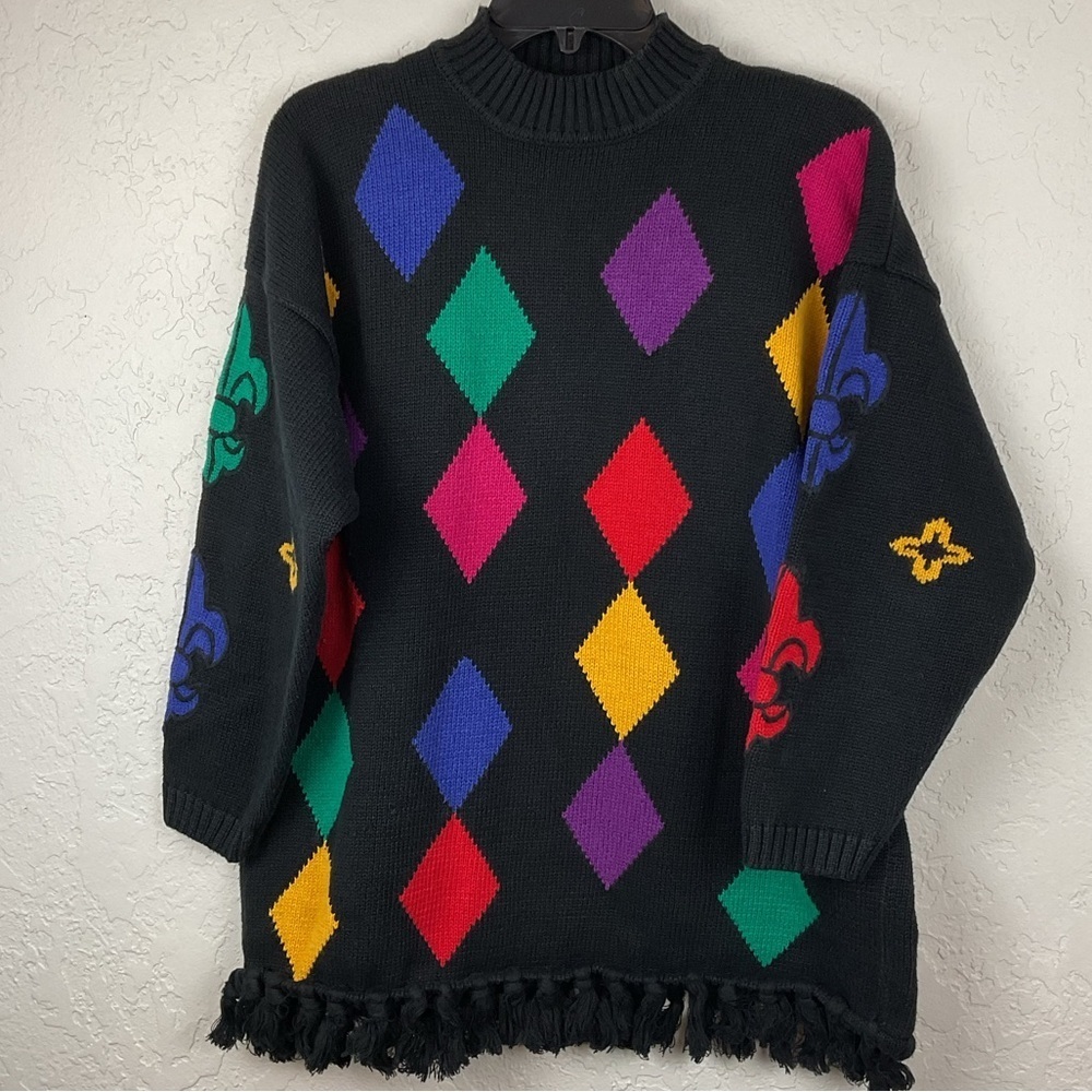 Women’s 80s 90s Chaus Sport Colorful Harlequin Fleur De Lis Pattern Sweater Lg